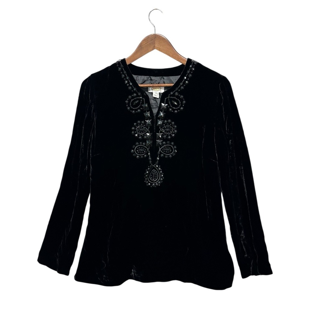 Talbots Velour Velvet Long Sleeve Blouse Size 6 Black Whimsigoth Witchy Fairy‎